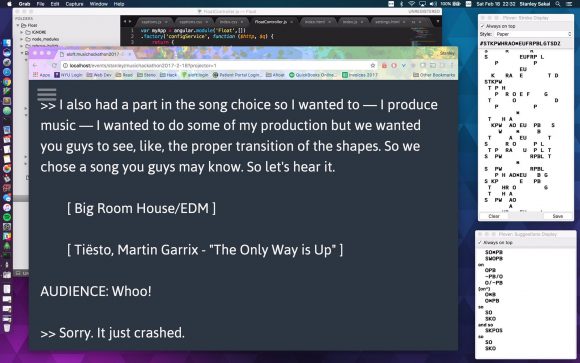  On screen, it shows a bunch of dialogue and then parentheticals for [ Big Room House/EDM ] and [ Tiësto, Martin Garrix - "The Only Way Is Up" ].