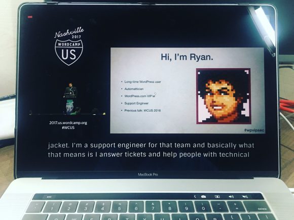 Screenshot of a remote participant watching the keynote address at WordCamp US Nashville depicting a PowerPoint slide and the realtime captions underneath.