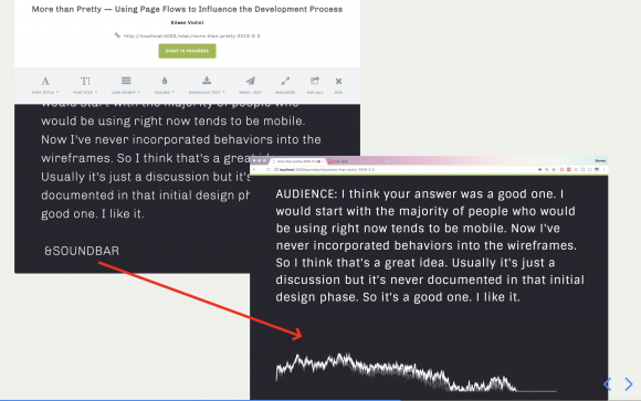  Screenshot of two screens, one of the captioner's screen where you can see the captioner wrote "&SOUNDBAR" to flag Aloft to open the soundbar. On the second screenshot, you can see the squiggly frequency spectrum "soundbar" displayed.