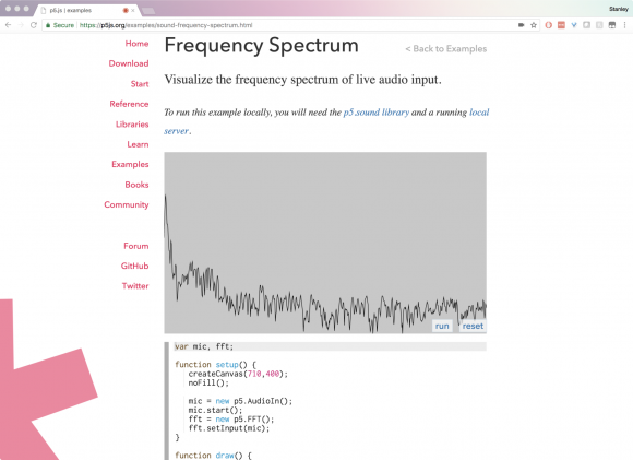 Screenshot depicting the demo page for the Frequency Spectrum add-on. A frequency spectrogram (squiggly lines on a light gray background) and some JavaScript code beneath are visible.