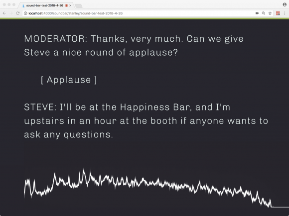  Screenshot of a web page displaying real-time transcriptions with a squiggly-line audio frequency spectrum displayed at the bottom.