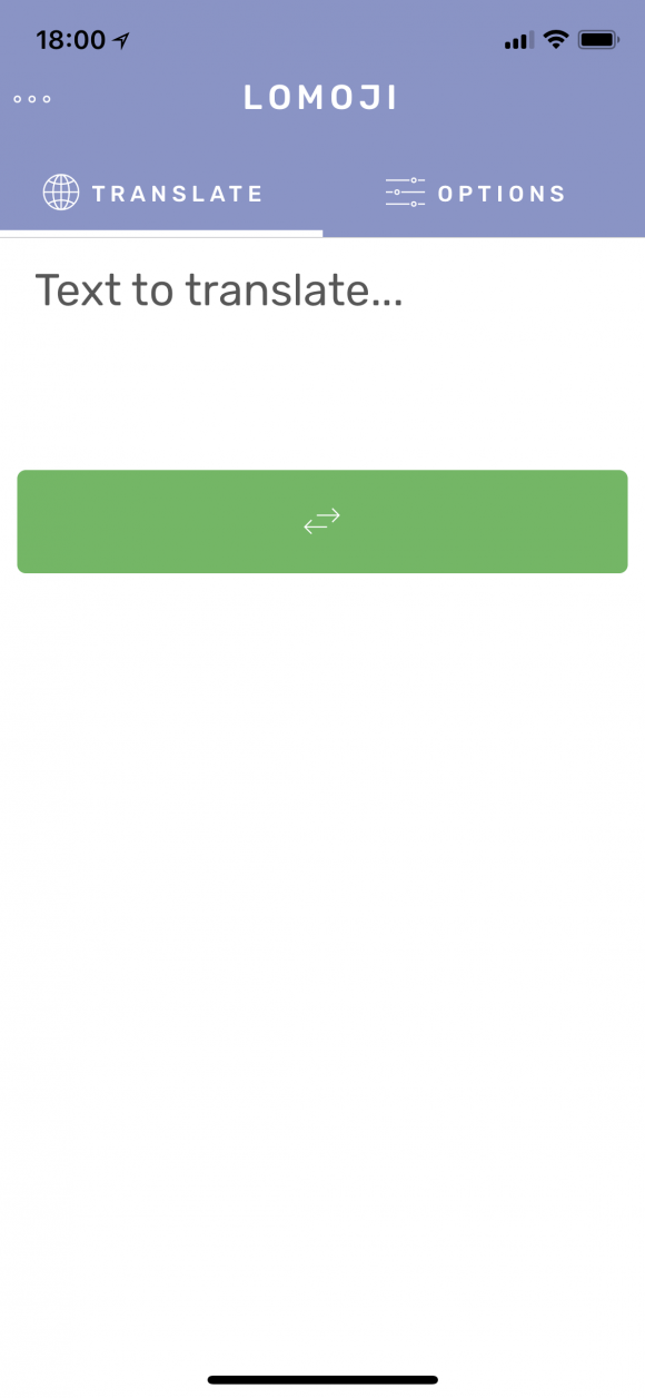 Screenshot of Lomoji, an iOS app that shows a text box and a green button with a back and forth arrow to indicate translate action.